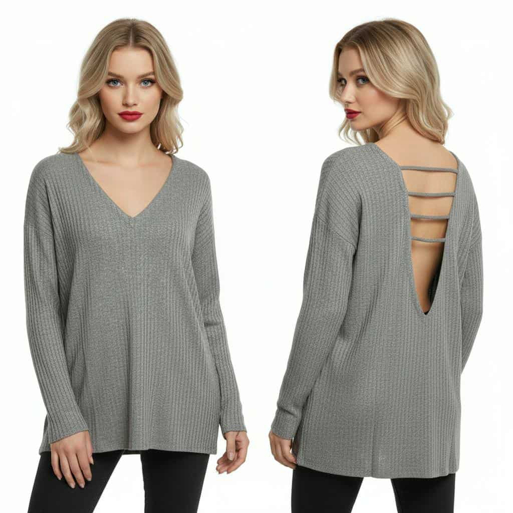 Chaser Gray Long Sleeve Waffle Knit Strappy Open Back Blouse Tee Size Medium